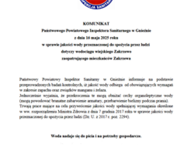 KOMUNIKAT Państwowego Powiatowego Inspektora Sanitarnego w Gnieźnie w sprawie jakości wody w Zakrzewie