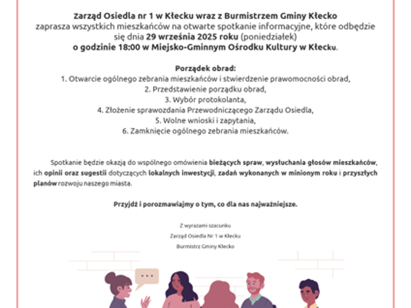 plakat informacyjny Zaproszenie na ogólne zebranie mieszkańców