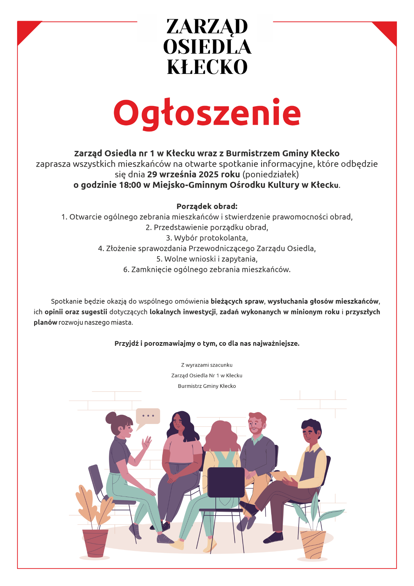 plakat informacyjny Zaproszenie na ogólne zebranie mieszkańców 