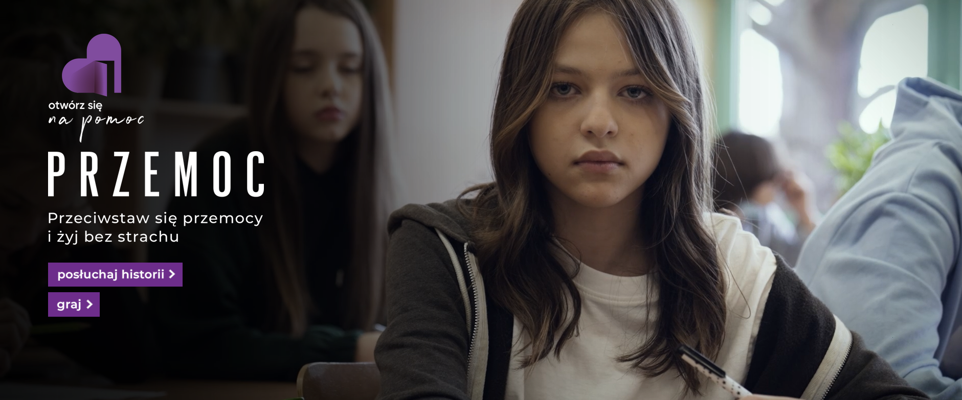 Grafika przecistaw się przemocy i żyj bez strachu - dziewczynka siedząca w szkolnej ławce