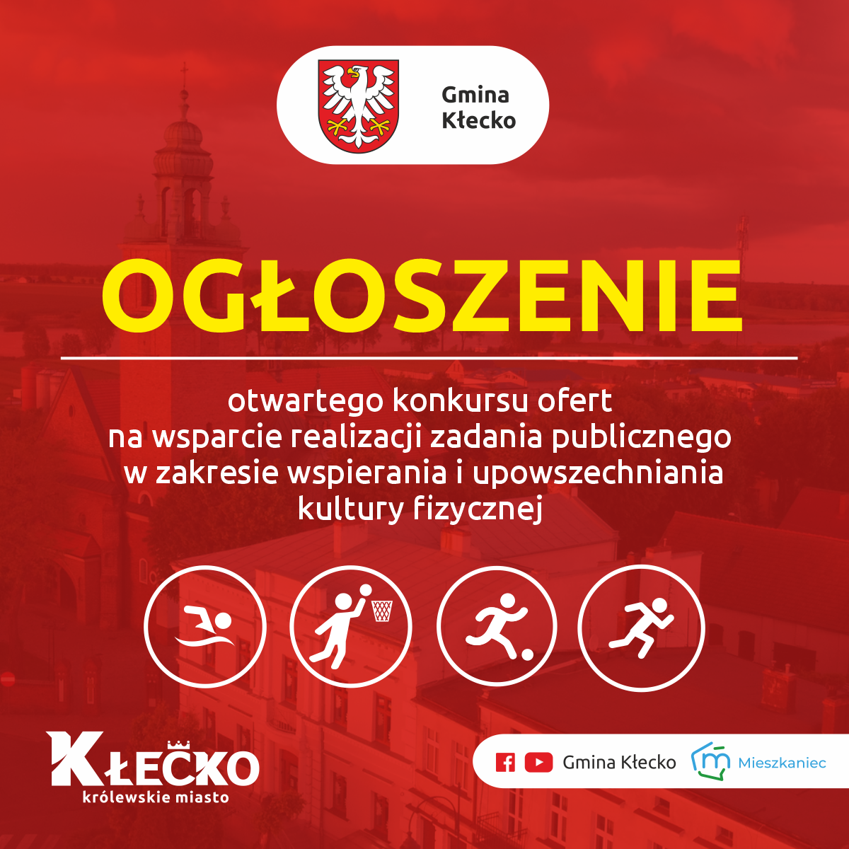 Grafika informująca o Ogłoszenia otwartego konkursu ofert na wsparcie realizacji zadania publicznego w zakresie wspierania i upowszechniania kultury fizycznej