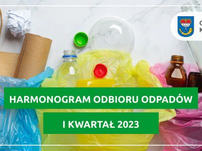 Zdjęcie worków na śmieci z napisem w centralnej części Harmonogram odbioru odpadów I kwartał 2023