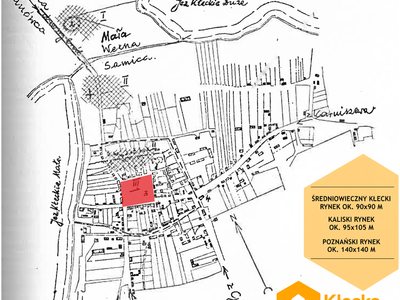 infografika - mapa miasta Kłecka z zaznaczonym rynkiem średniowiecznym 