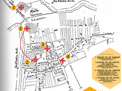 infografika - mapa miasta Kłecka z naniesionymi kościołami, które istniały w Kłecku na przestrzeni lat
