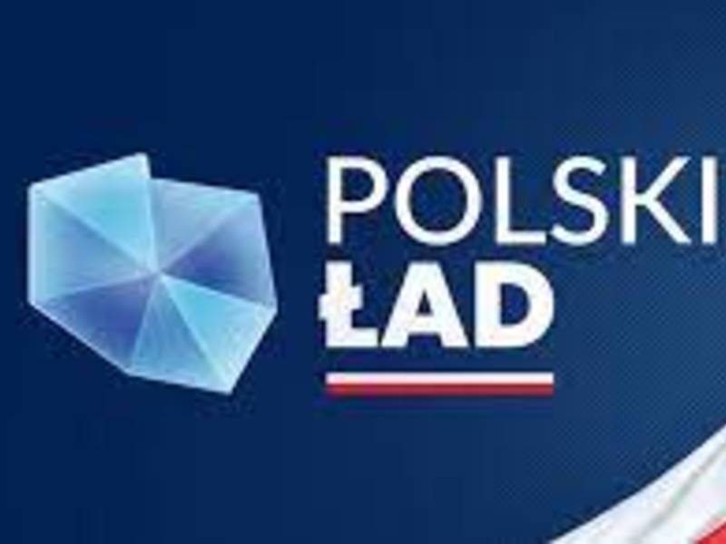 Grafika z konturem Polski i napisem Polski Ład