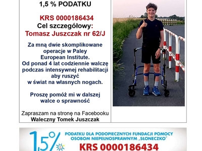 Informacja o przekazaniu 1,5% na  rzecz Tomka Juszczaka 