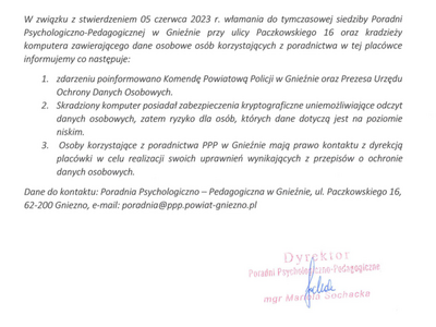 Komunikat Poradni Psychologiczno-Pedagogicznej w Gnieźnie w sprawie kradzieży