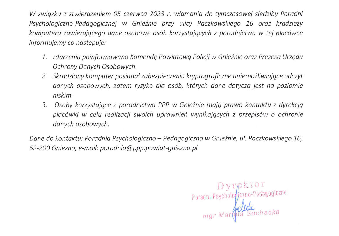 Komunikat Poradni Psychologiczno-Pedagogicznej w Gnieźnie w sprawie kradzieży