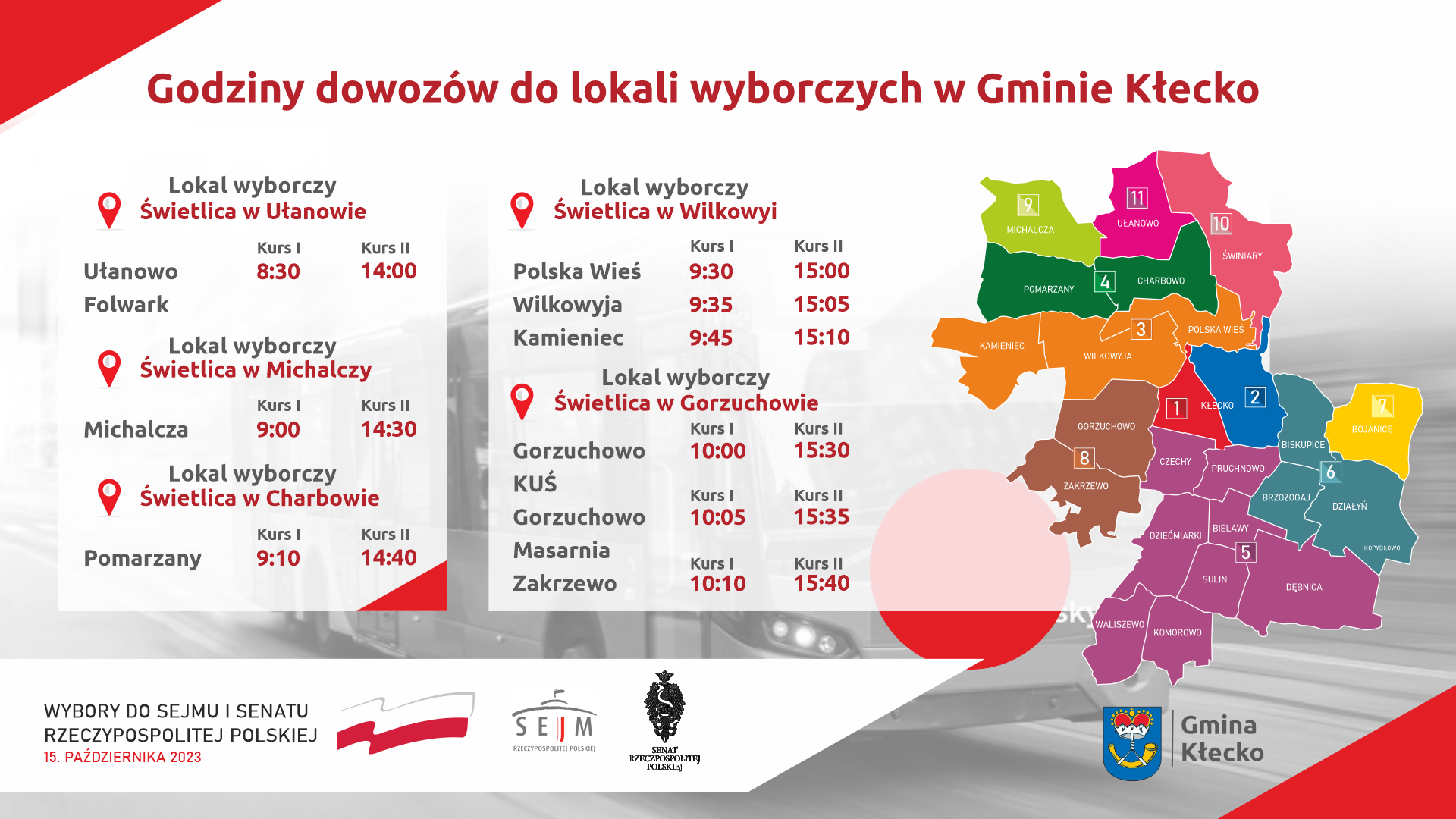 Informacja w sprawie dowozów do lokali wyborczych w dniu wyborów na terenie gminy Kłecko