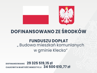Tablica informacyjna dofinansowanie budowy mieszkań komunalnych w Kłecku