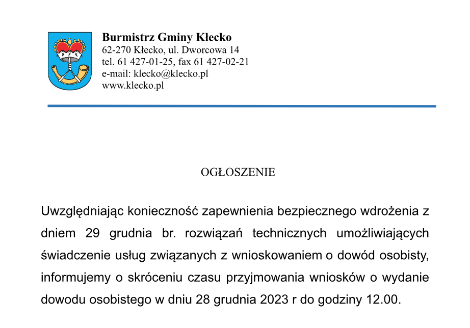 Komunikat w sprawie dowodów osobistych. 