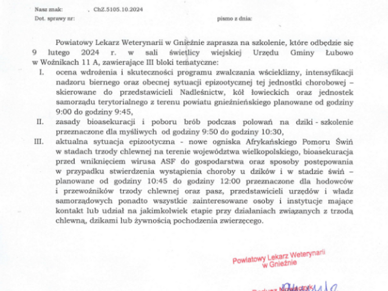 Informacja Powiatowego Lekarza Weterynarii w Gnieźnie w sprawie szkolenia.