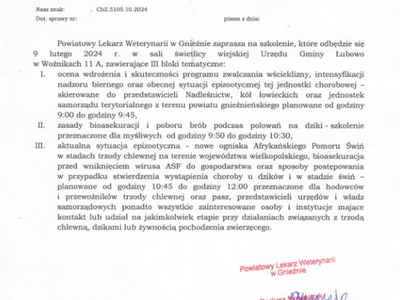 Informacja Powiatowego Lekarza Weterynarii w Gnieźnie w sprawie szkolenia.