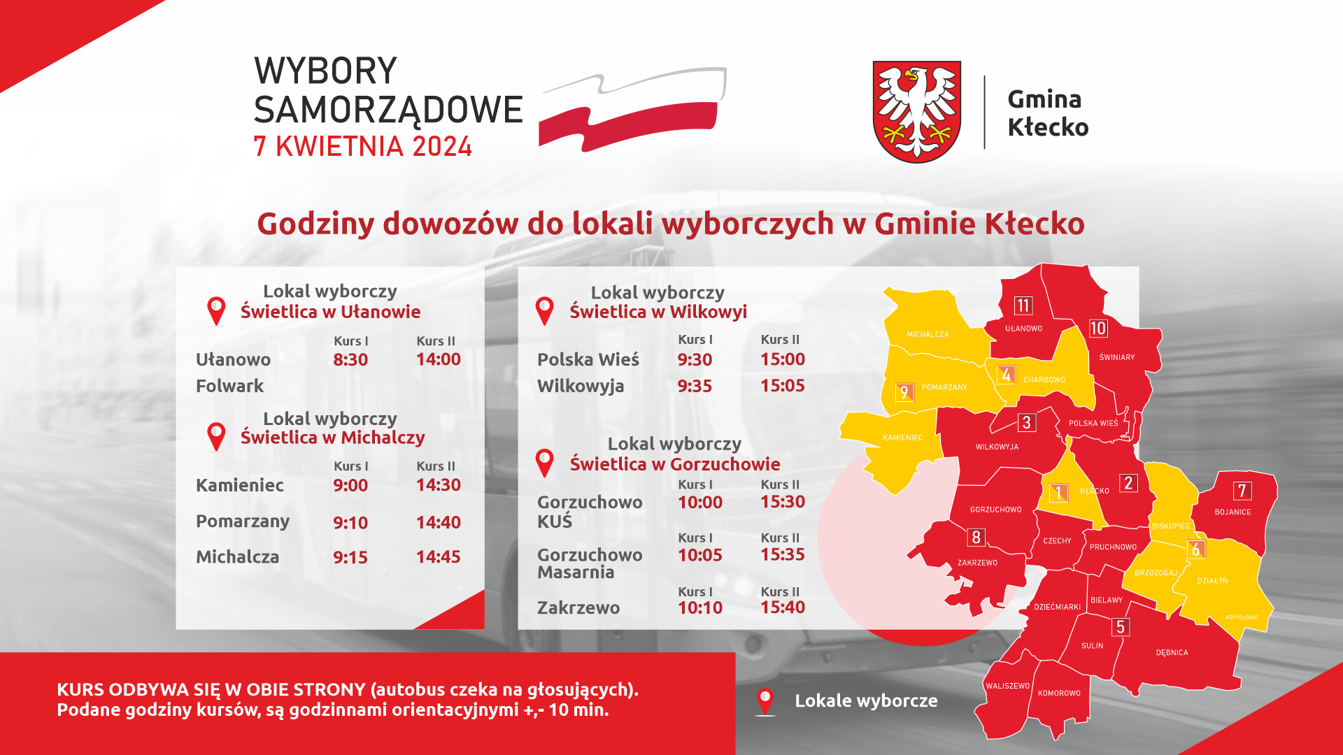 Godziny dowozów autobusowych do lokali wyborczych w Gminie Kłecko w dniu 7 kwietnia 2024 r.