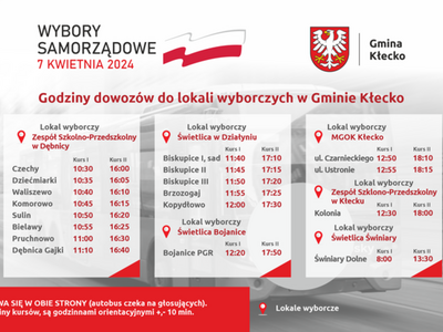 Godziny dowozów autobusowych do lokali wyborczych w Gminie Kłecko w dniu 7 kwietnia 2024 r.
