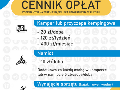 Cennik biwakowiska i wynajmu sprzętu na kąpielisku