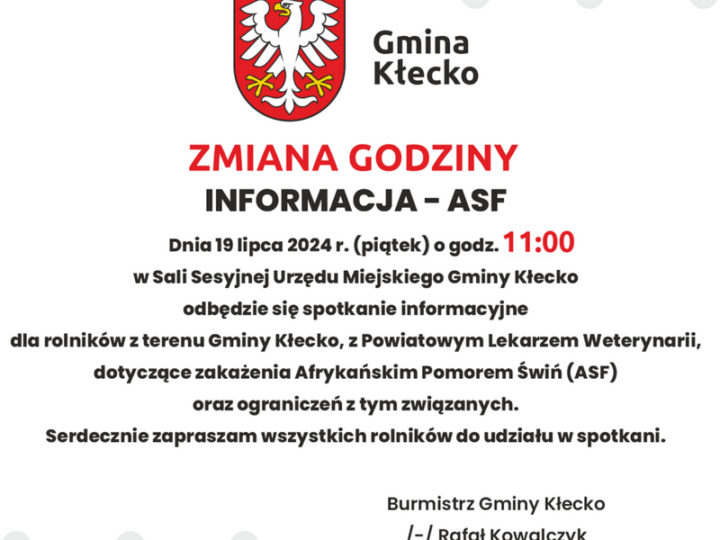 ASF informacja o spotkaniu w UMG  Kłecko w dniu 19 lipca 2024 roku