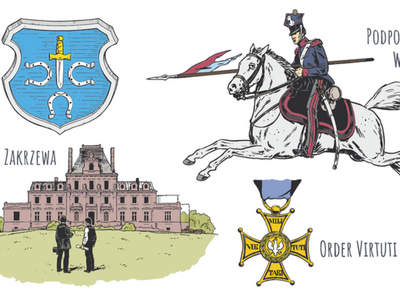 grafiki z życia Albina Węsierskiego, herb, budowa pałacu w zakrzewie order virtuti militari
