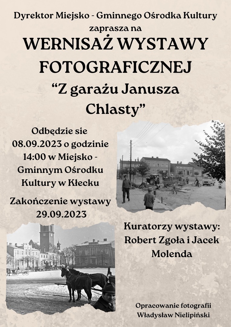Plakat informujący o wernisażu wystawy fotografii z garażu Janusza Chlasty