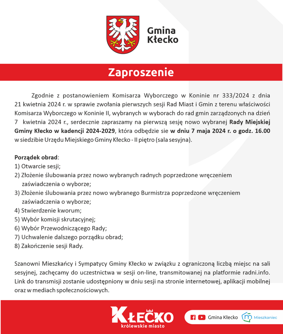 Zaproszenie na I sesję Rady Miejskiej Gminy Kłecko w 2024 r.