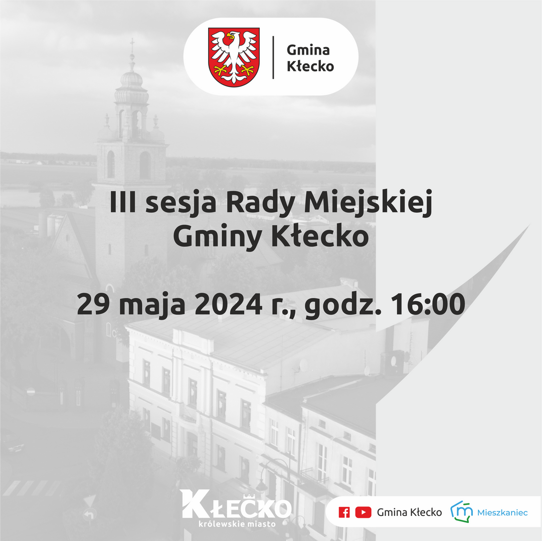 Grafika z napisem Sesja Rady Miejskiej Gminy Kłecko 