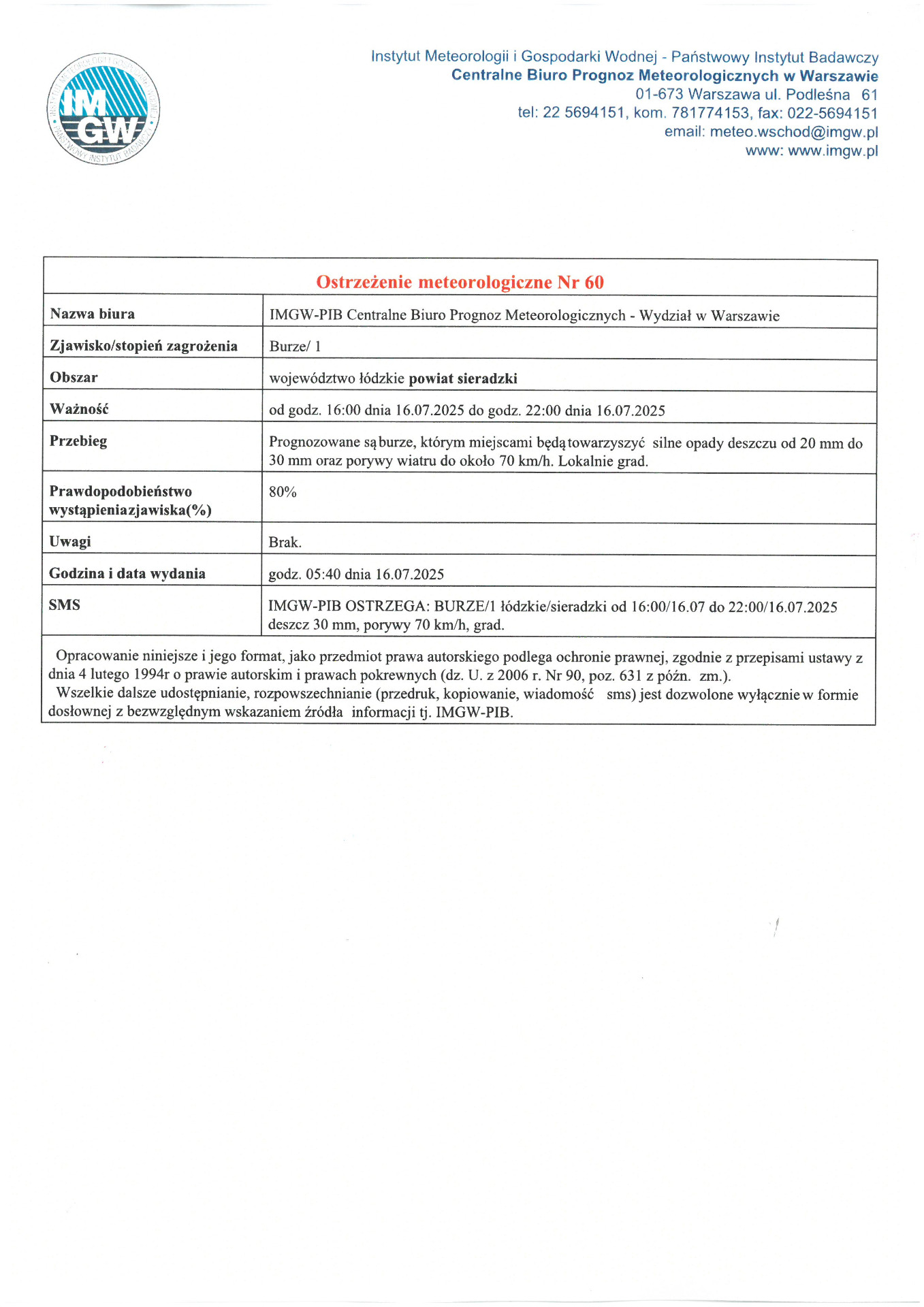 Ostrzeżenie meteorologiczne Nr 60