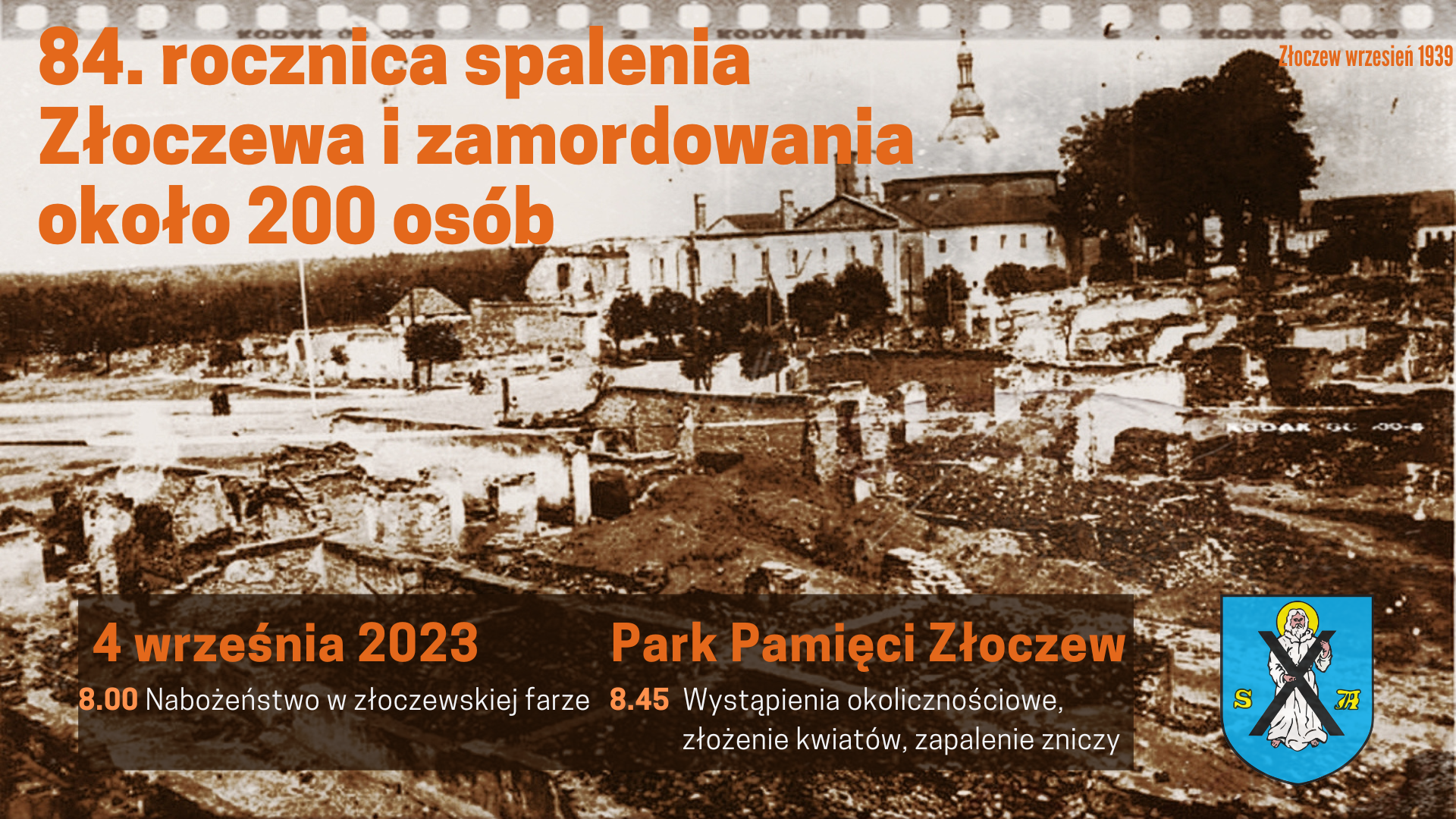 plakat Obchody 84. rocznicy spalenia Złoczewa oraz zamordowania około 200 bezbronnych osób.