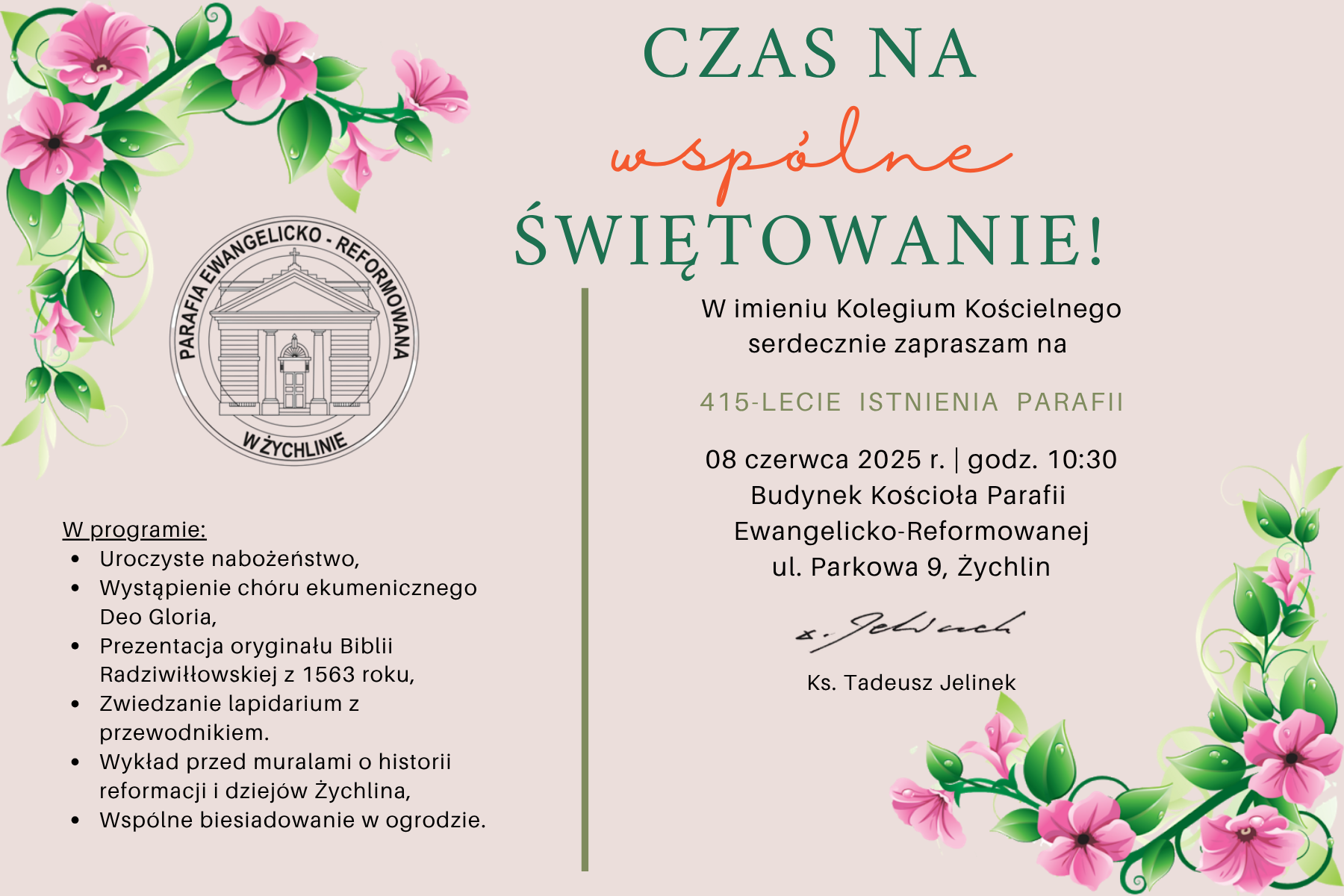zaproszenie na obchody 415-lecia istnienia Parafii Ewangelicko-Reformowanej w Żychlinie
