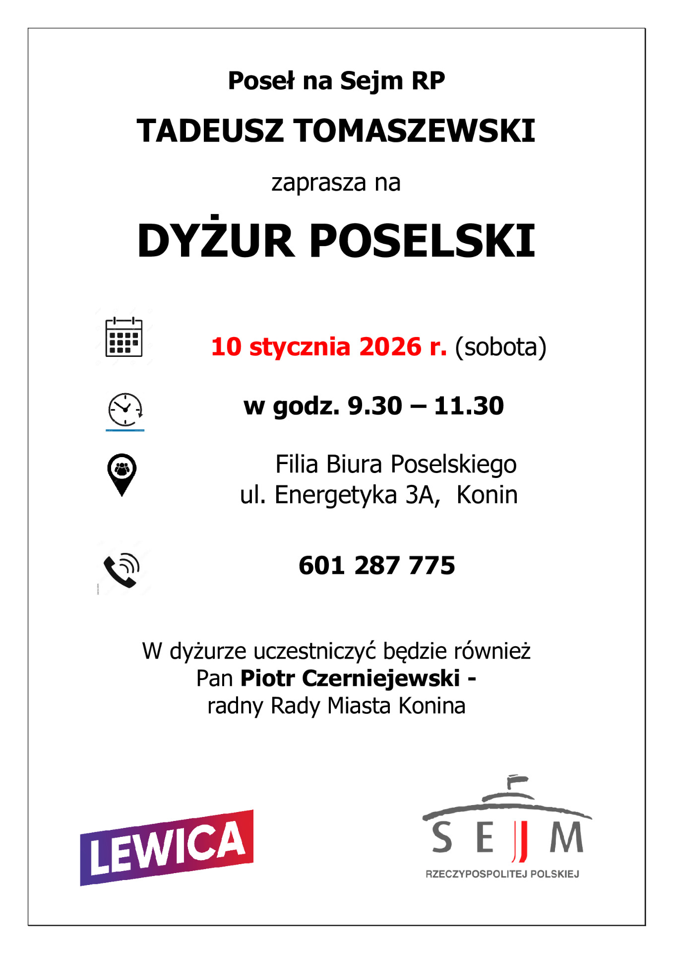 plakat dyżur poselski T. Tomaszewski