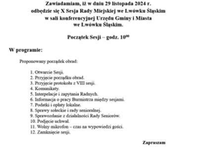 29 listopada 2024 r. odbędzie się X Sesja Rady Miejskiej we Lwówku Śląskim