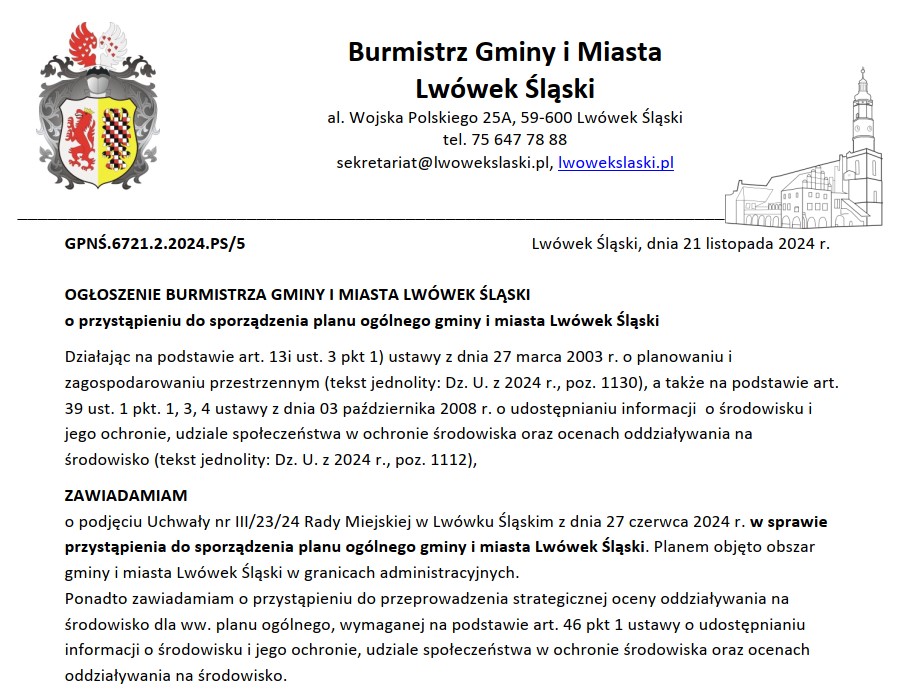 Ogłoszenie Burmistrza Gminy i Miasta Lwówek Śląski