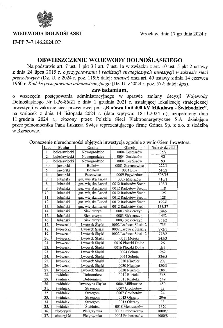 &quot;Obwieszczenie Wojewody Dolnośląskiego z dnia 17 grudnia 2024 r., znak: IF-PP.747.146.2024.OP&quot;