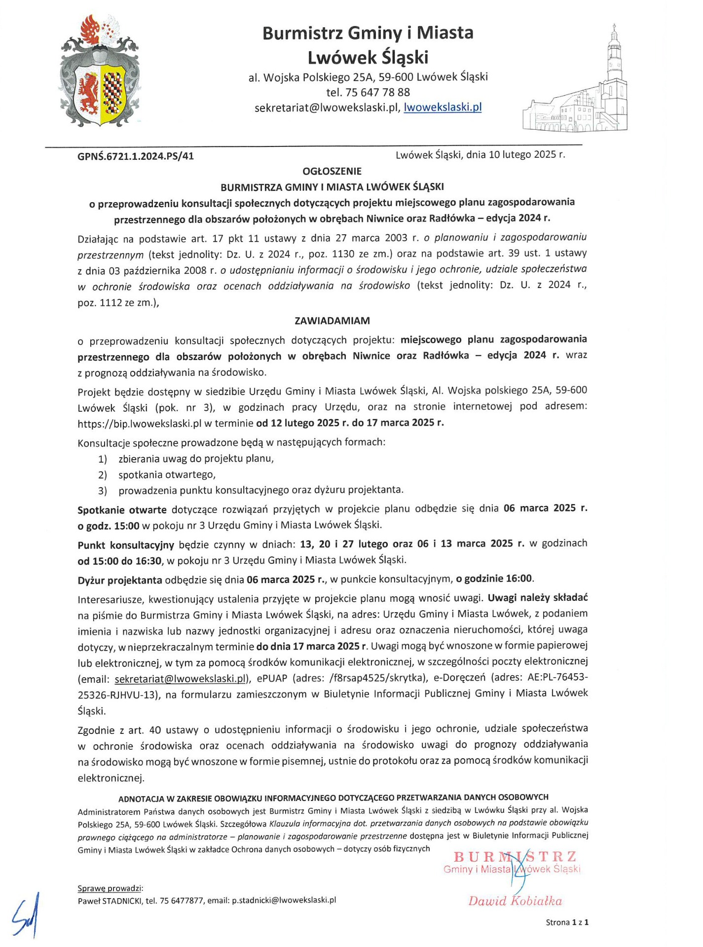 Ogłoszenie Burmistrza Gminy i Miasta Lwówek Sląski z dnia 10 lutego 2025 r., znak: GPNŚ.6721.1.2024.PS/41