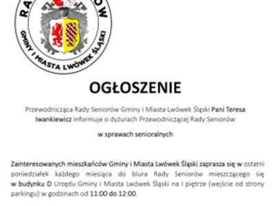 OGŁOSZENIE O DYŻURACH PRZEWODNICZĄCEJ RADY SENIORÓW