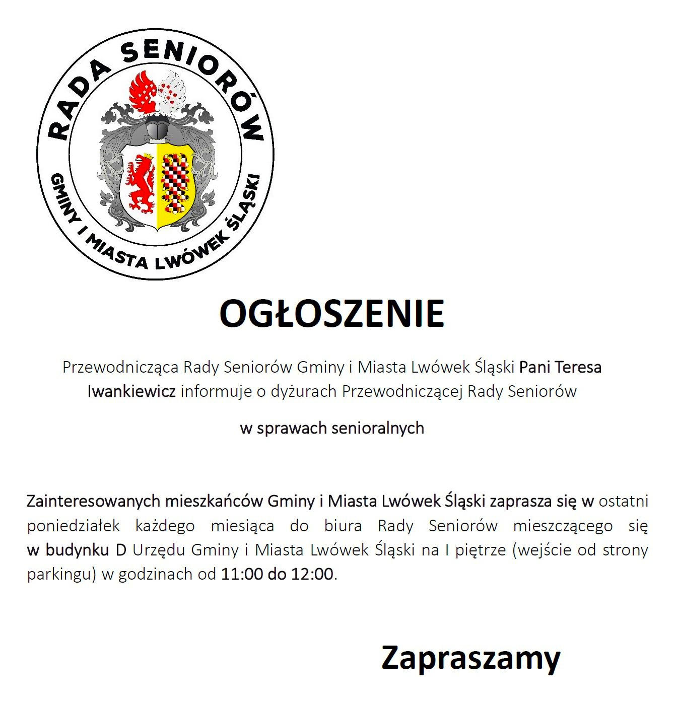 OGŁOSZENIE O DYŻURACH PRZEWODNICZĄCEJ RADY SENIORÓW