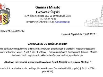 Zaproszenie do złożenia oferty: Budowa i demontaż stoisk handlowych na Rynek Miejski we Lwówku Śląskim