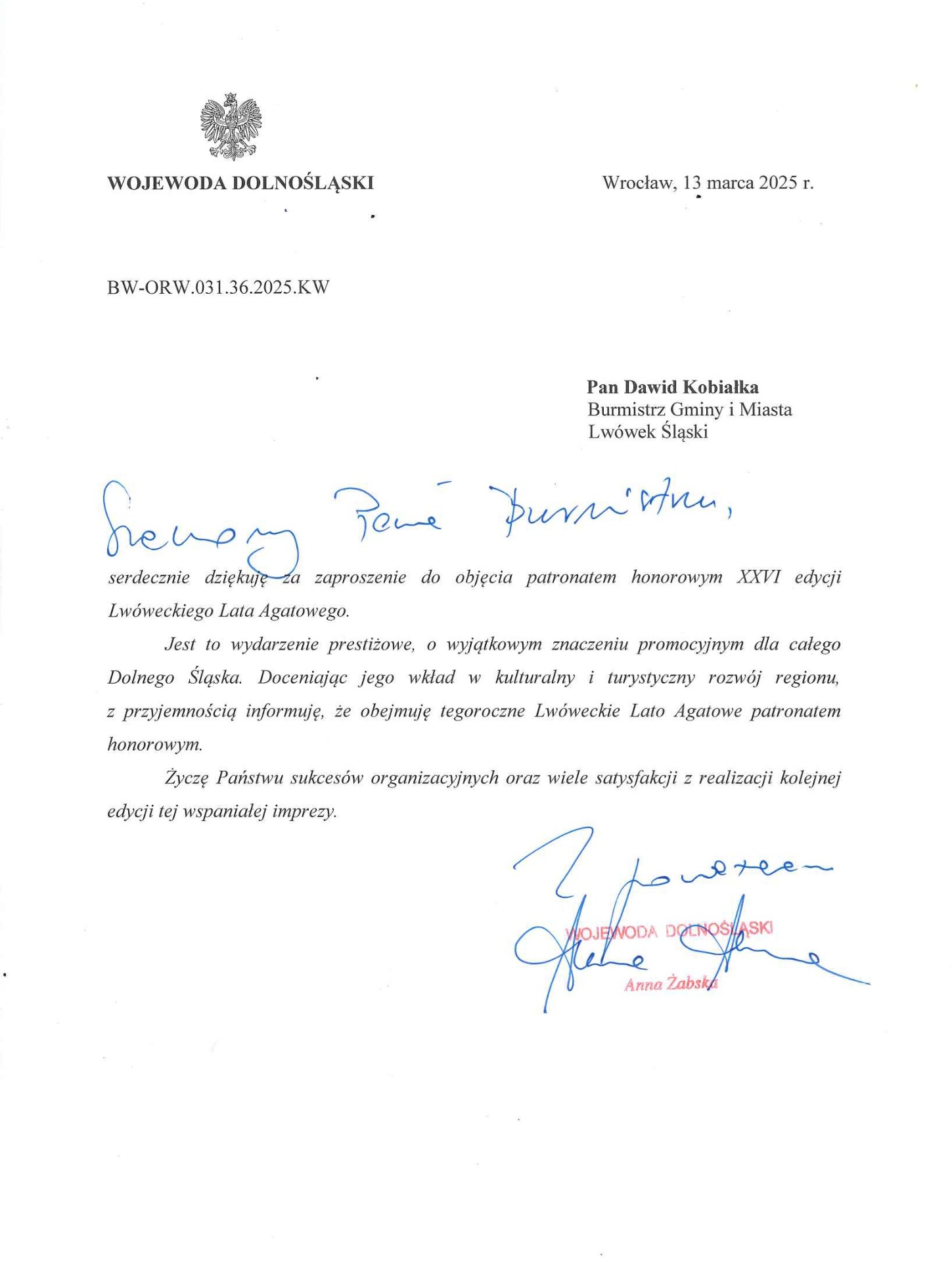 PANI WOJEWODA OBJĘŁA PATRONATEM HONOROWYM XXVI LLA