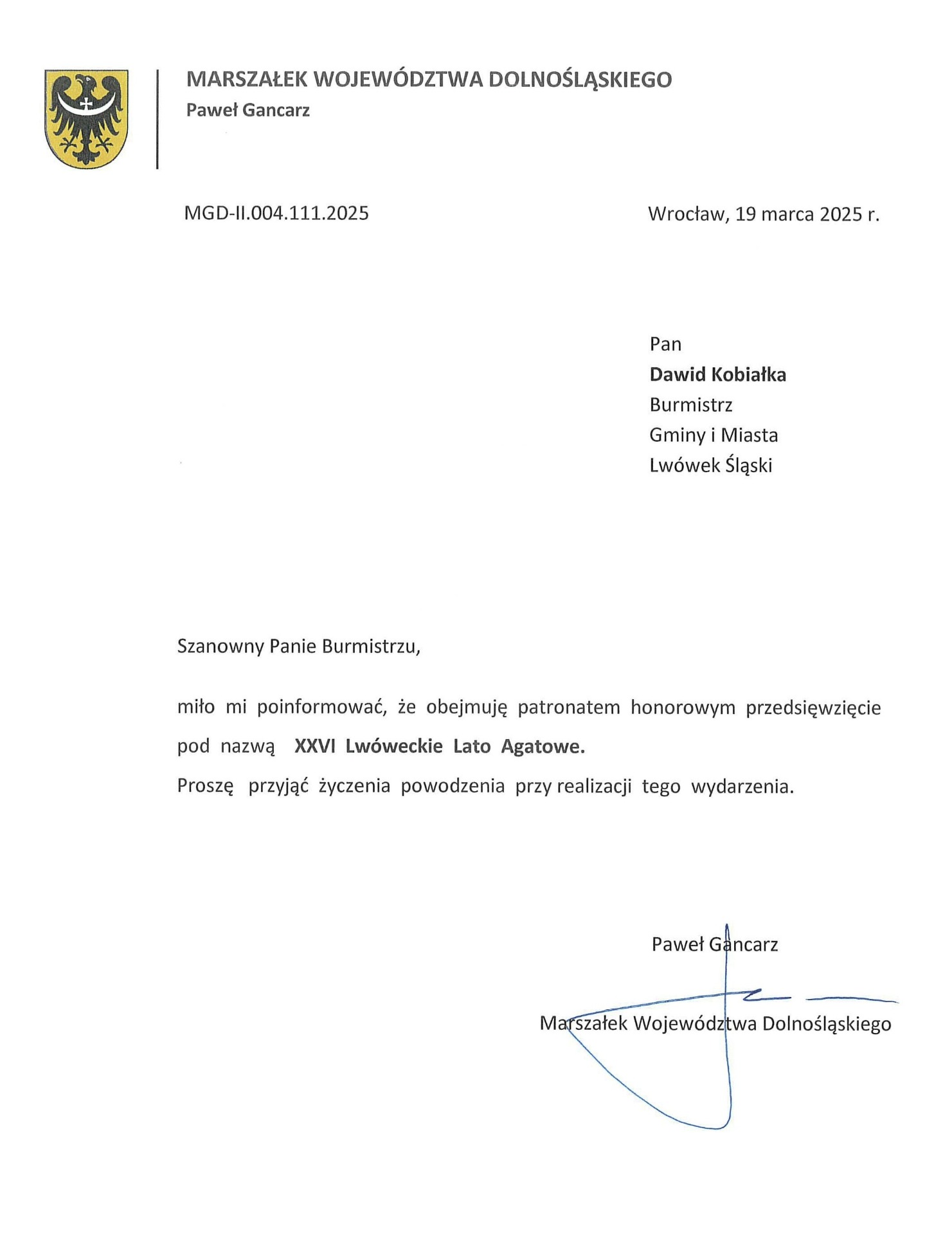XXVI LLA OTRZYMAŁO PATRONAT MARSZŁAKA WOJEWÓDZTWA DOLNOŚLĄSKIEGO