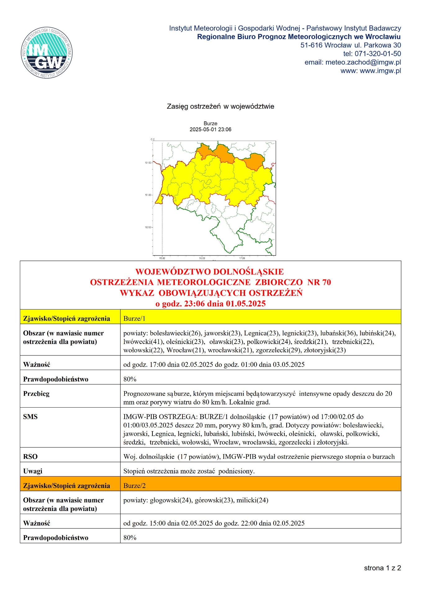 WOJEWÓDZTWO DOLNOŚLĄSKIE OSTRZEŻENIA  METEOROLOGICZNE  ZBIORCZO  NR 70 