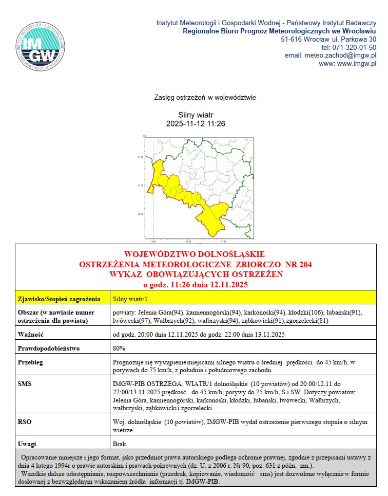 OSTRZEŻENIA  METEOROLOGICZNE  ZBIORCZO  NR 204 