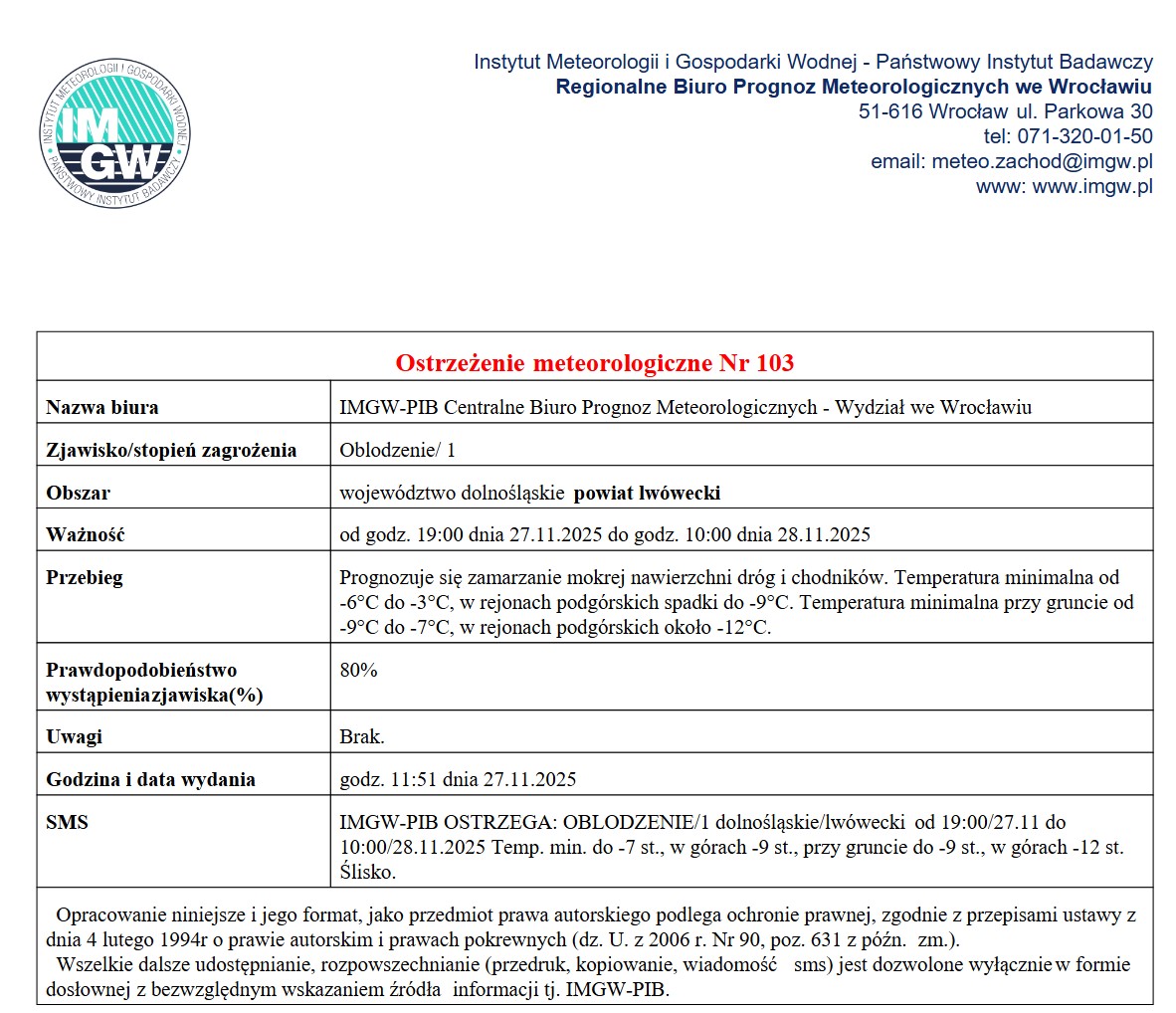 Ostrzeżenie meteorologiczne Nr 103