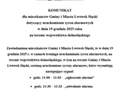 Uruchomienie syren alarmowych  w dniu 19 grudnia 2025 roku