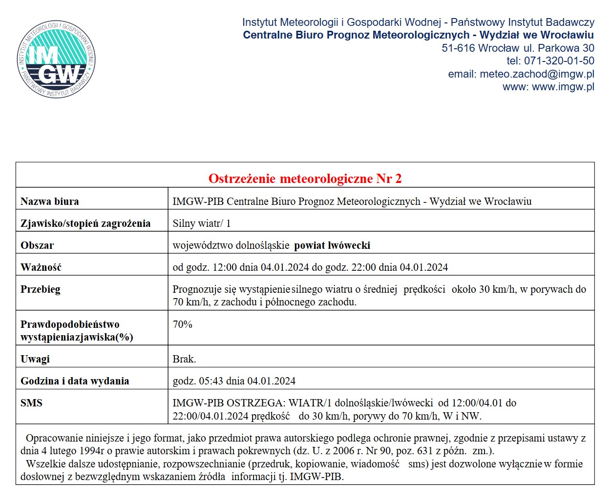 Ostrzeżenie meteorologiczne Nr 2
