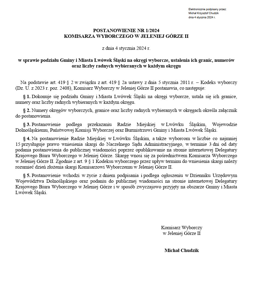 POSTANOWIENIE NR 1 2024 KOMISARZA WYBORCZEGO W JELENIEJ GÓRZE 