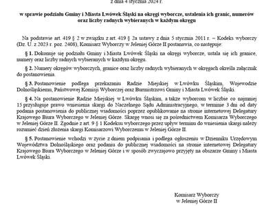 POSTANOWIENIE NR 1 2024 KOMISARZA WYBORCZEGO W JELENIEJ GÓRZE