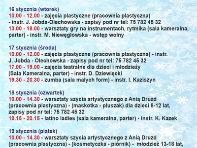 PROGRAM FERII W LWÓWECKIM OŚRODKU KULTURY 15-19 I 2024