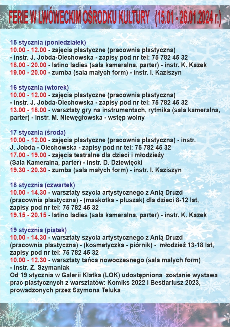 PROGRAM FERII W LWÓWECKIM OŚRODKU KULTURY 15-19 I 2024