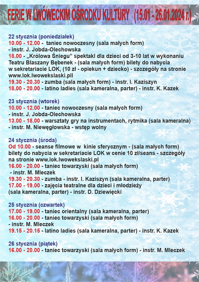 PROGRAM FERII W LWÓWECKIM OŚRODKU KULTURY 22-26 I 2024