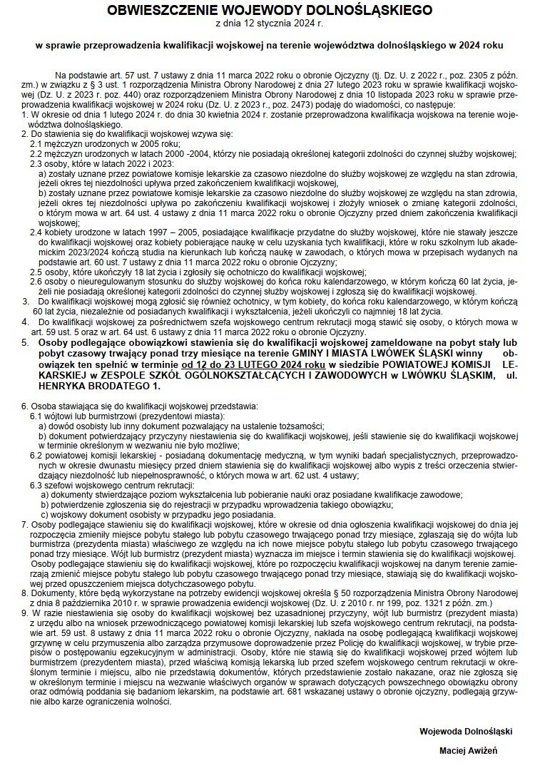 OBWIESZCZENIE WOJEWODY DOLNOŚLĄSKIEGO