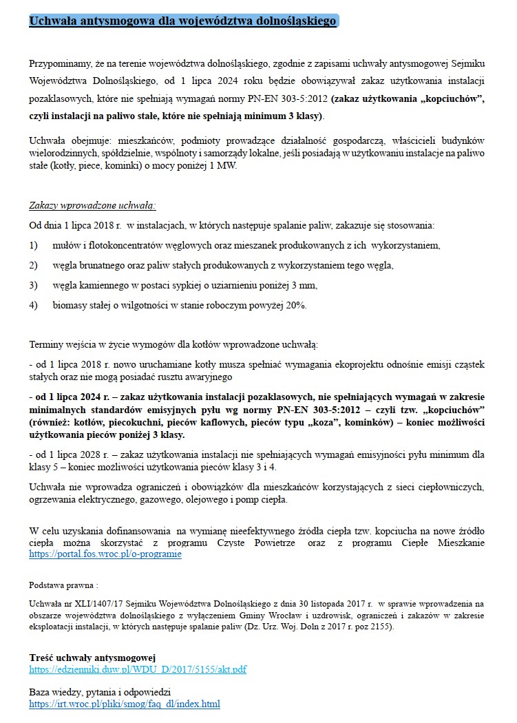 Uchwała antysmogowa dla województwa dolnośląskiego 